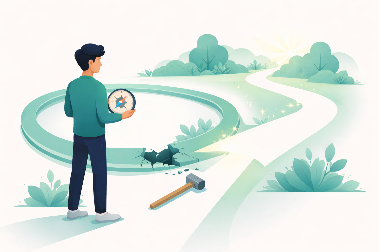 Bağımlılık döngüsünü kırma, alışkanlıkları değiştirme ve hayatta yeni bir yön bulmayı temsil eden pusula tutan insan illüstrasyonu