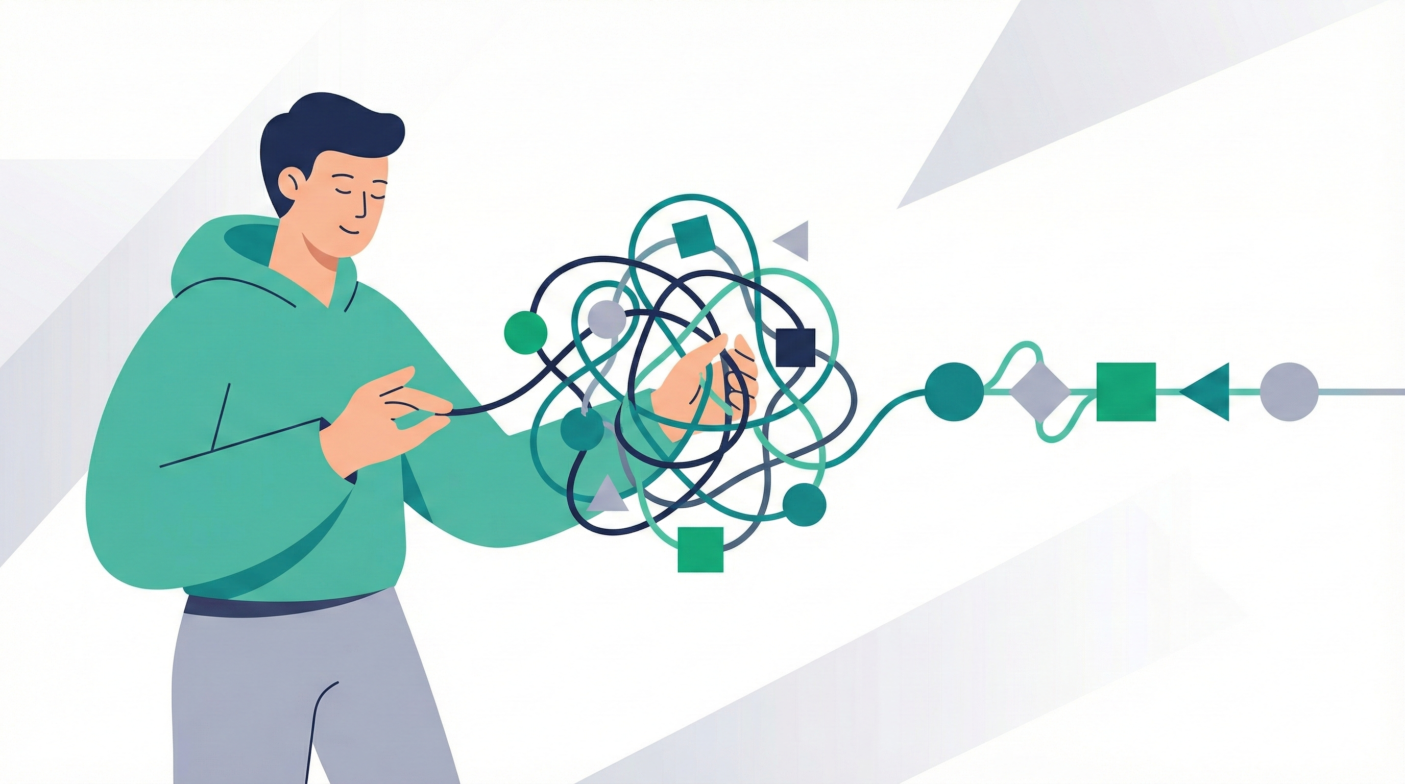 Kaygı yönetimi ve anksiyete ile başa çıkmayı simgeleyen, zihinsel düğümleri çözen ve huzur bulan insan illüstrasyonu