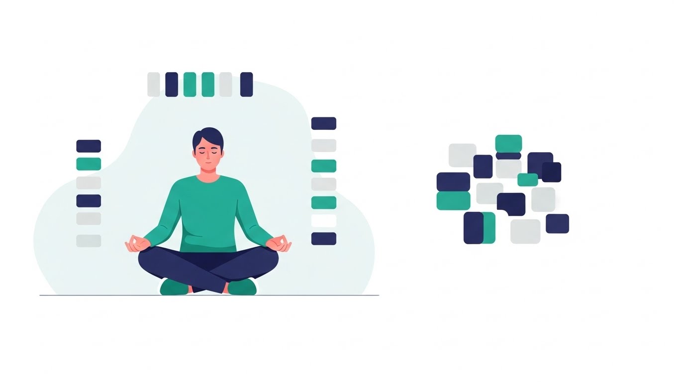 Tükenmişlik sendromu, iş stresi yönetimi ve zihinsel dengeyi temsil eden zen duruşunda dengede duran insan görseli