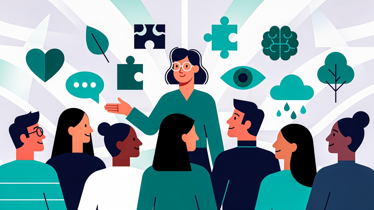 Psikolojik destek süreçlerini, çeşitli terapi alanlarını ve rehberlik eden uzmanı temsil eden modern ve güven verici hero görseli