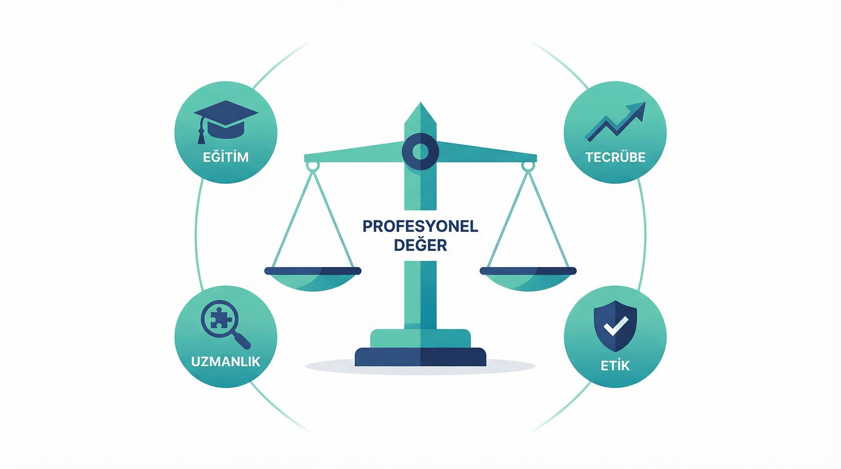 Online danışmanlık ücretini oluşturan profesyonel değerler: Eğitim, tecrübe, uzmanlık ve etik ilkelerin dengesini gösteren grafik