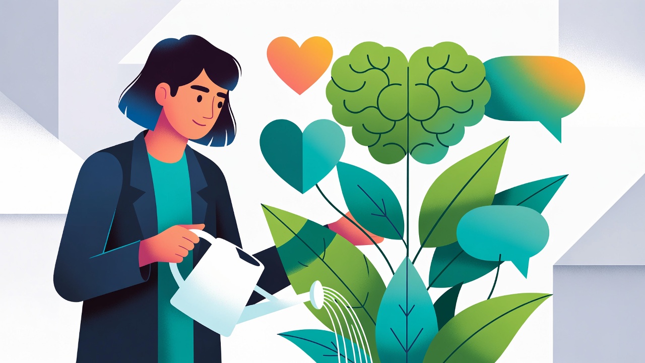 Terapi sürecinin kazanımlarını simgeleyen görsel: Zihinsel, duygusal ve iletişimsel gelişimi besleyen bir birey illüstrasyonu