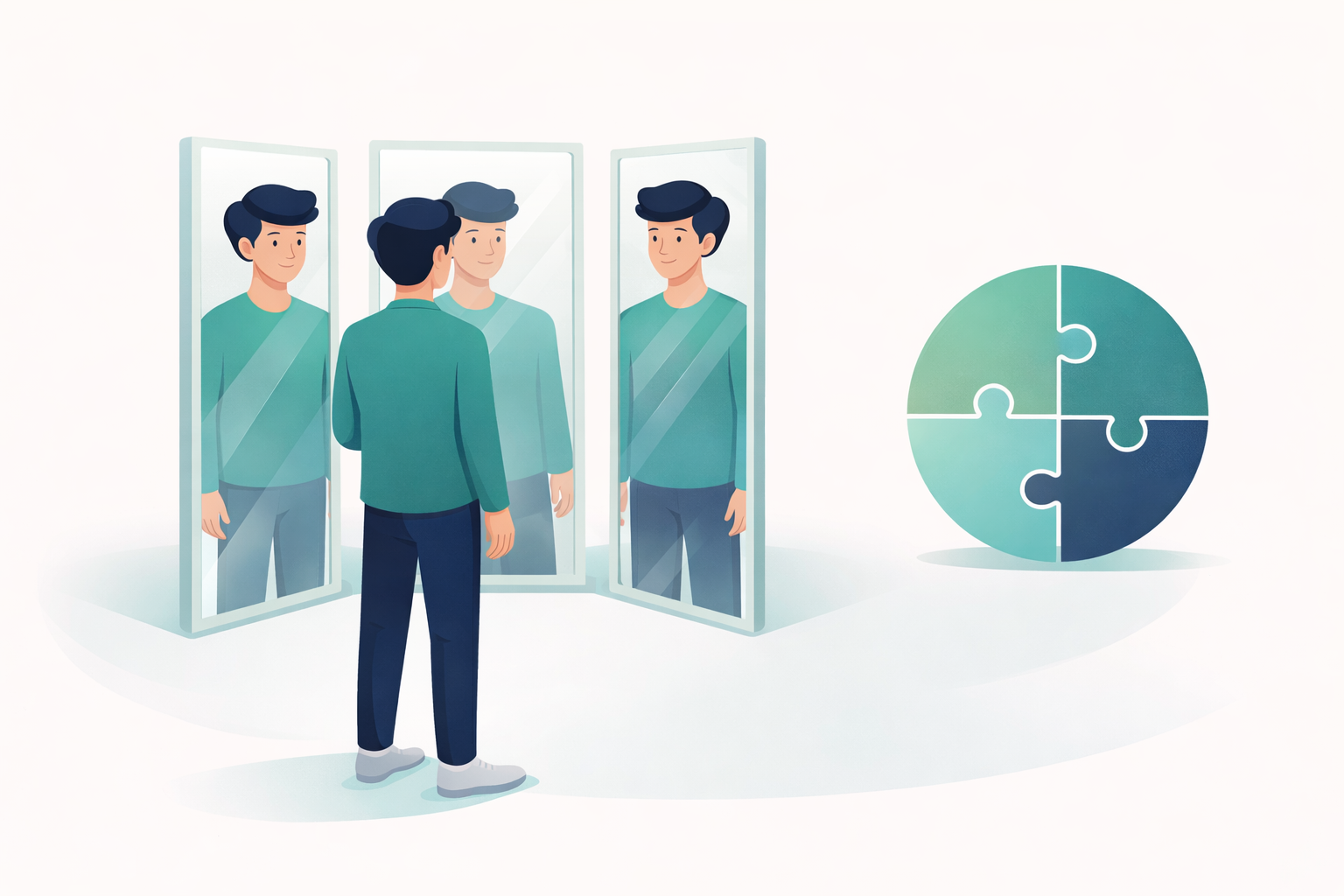 Kişilik örüntüleri, kendini tanıma ve benlik bütünlüğünü sağlama sürecini anlatan, aynadaki yansımasıyla barışık insan illüstrasyonu
