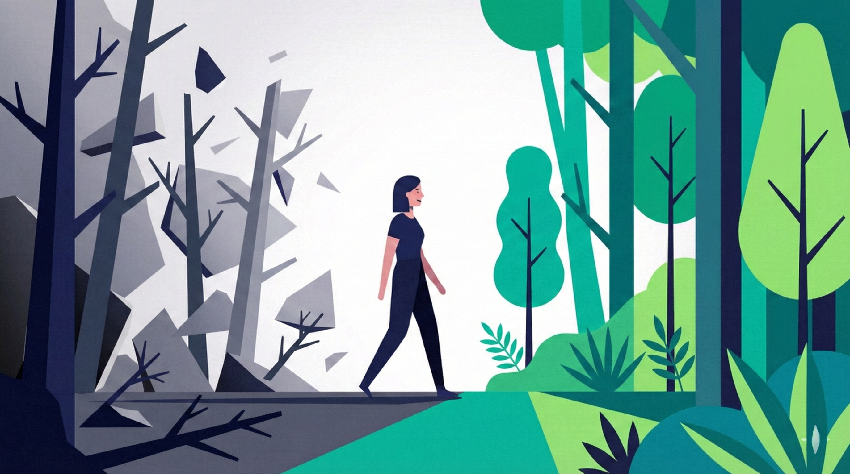 Travma sonrası iyileşme, dissosiyasyon ve karanlıktan aydınlığa geçiş sürecini anlatan umut verici ve aydınlık illüstrasyon